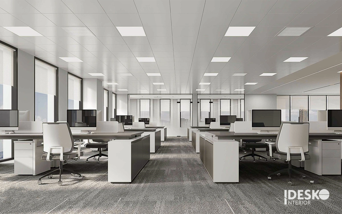 Không gian làm việc tối giản sử dụng hệ module bàn gọn gàng cùng tông màu xám trắng trang nhã