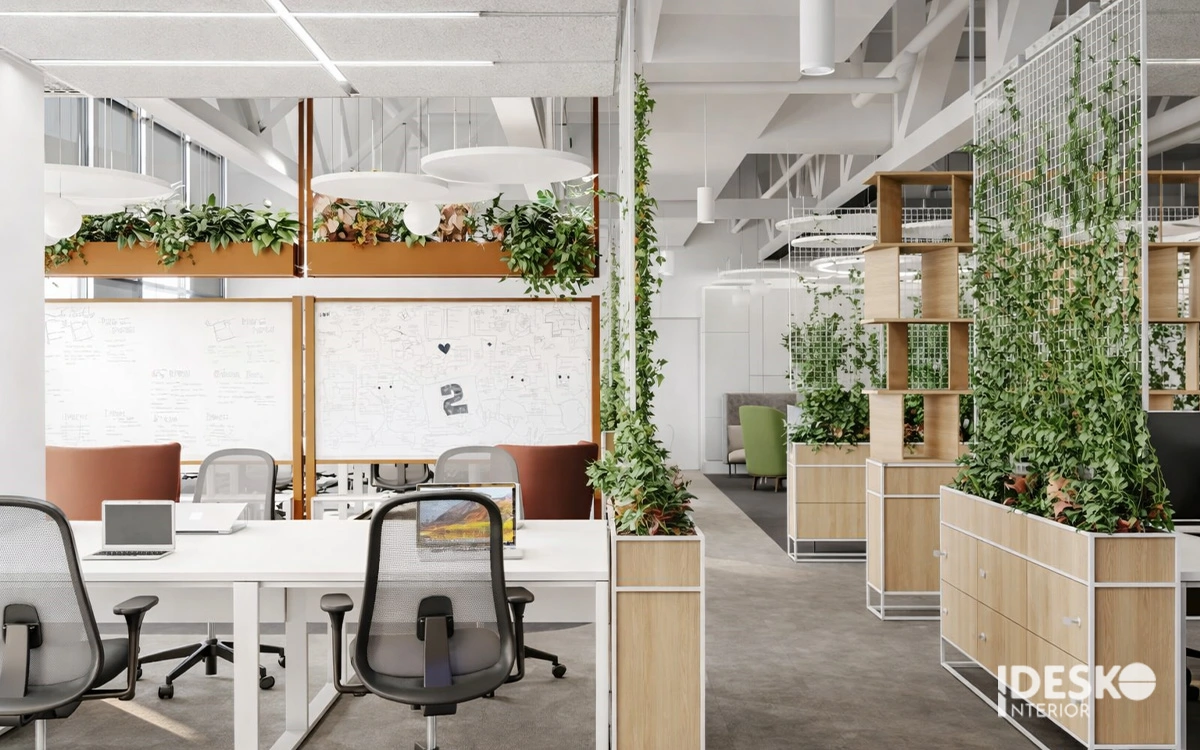 Bố trí hệ thống cây xanh leo giàn và bồn cây tại bàn làm việc giúp thanh lọc không khí