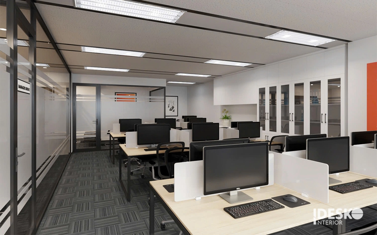 Thiết kế văn phòng đẹp dưới 250m2 với bố cục gọn gàng, vách kính ngăn khu chức năng và không gian làm việc tối ưu