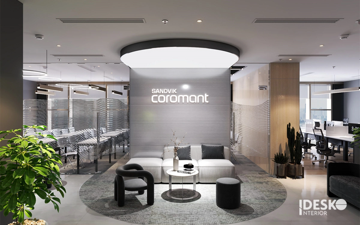 Thiết kế văn phòng đẹp dưới 250m2 với khu tiếp khách sang trọng, nhận diện thương hiệu rõ nét và bố cục tinh gọn