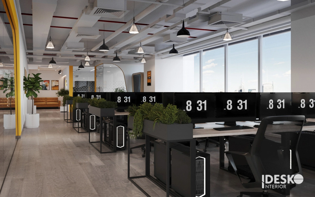 Văn phòng 250m2–500m2 với khu làm việc tập trung, lối đi rộng và bố cục hiện đại, chuyên nghiệp