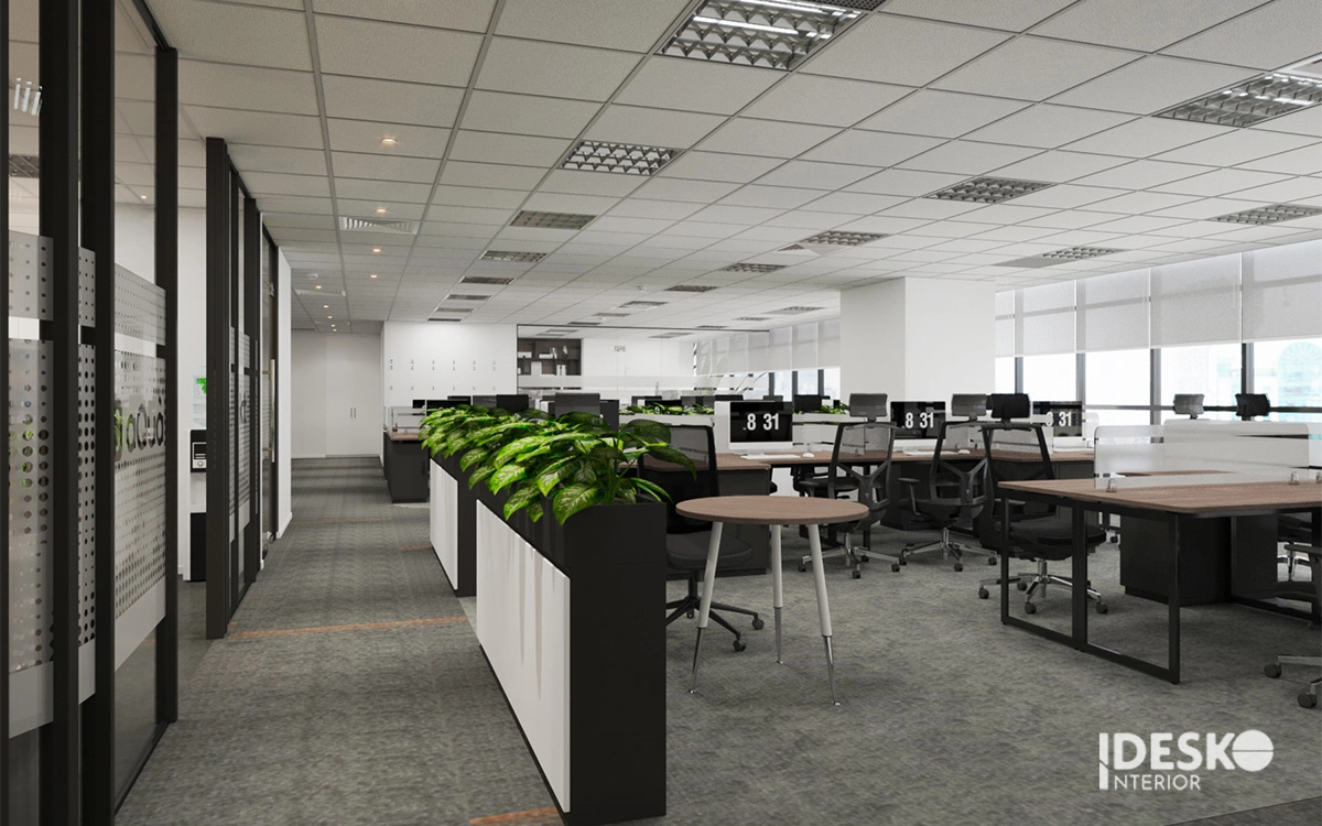 Không gian làm việc 250m2 - 500m2 với bàn module lớn, mảng xanh phân khu và lối đi rộng rãi