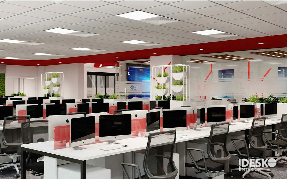 Không gian làm việc 500m2 - 1000m2 với dãy bàn lớn, nhận diện màu sắc rõ ràng và bố cục vận hành mạch lạc