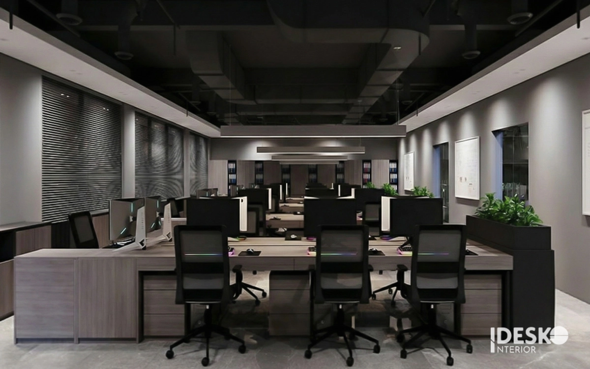 Không gian làm việc phong cách công nghiệp với tông màu trầm, bố cục đối xứng và vẻ đẹp mạnh mẽ, hiện đại