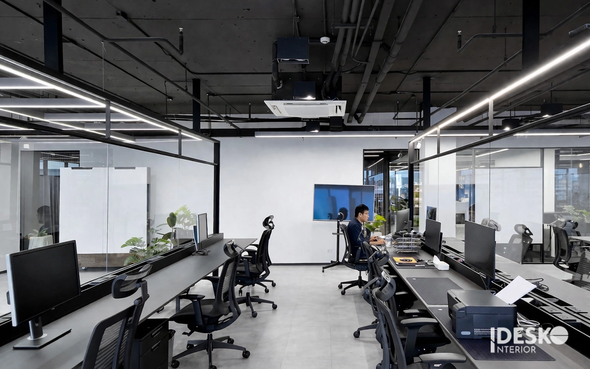 Thiết kế văn phòng hiện đại với vách kính trong suốt, trần tối màu và bố cục làm việc gọn gàng