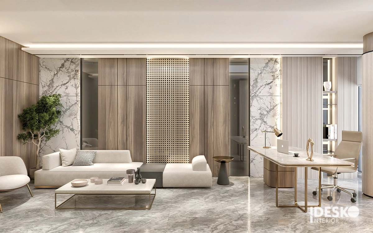 Phòng giám đốc phong cách sang trọng với đá vân mây, nội thất tinh giản và bảng màu thanh lịch