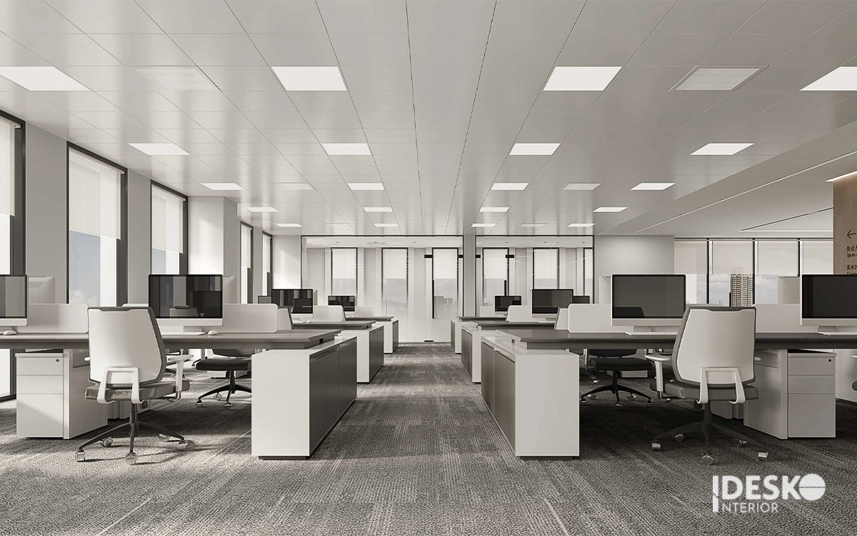 Thiết kế văn phòng đẹp phong cách tối giản với tông trắng chủ đạo, bố cục gọn gàng và đường nét tinh sạch