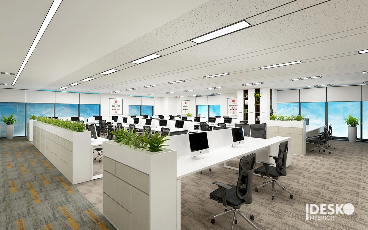Thiết kế văn phòng đẹp phong cách tối giản với gam màu sáng, bàn làm việc liền mạch và bố cục rộng thoáng