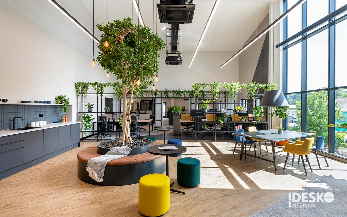 Thiết kế văn phòng đẹp phong cách xanh với nhiều cây nội thất, ánh sáng tự nhiên và không gian mở thư giãn