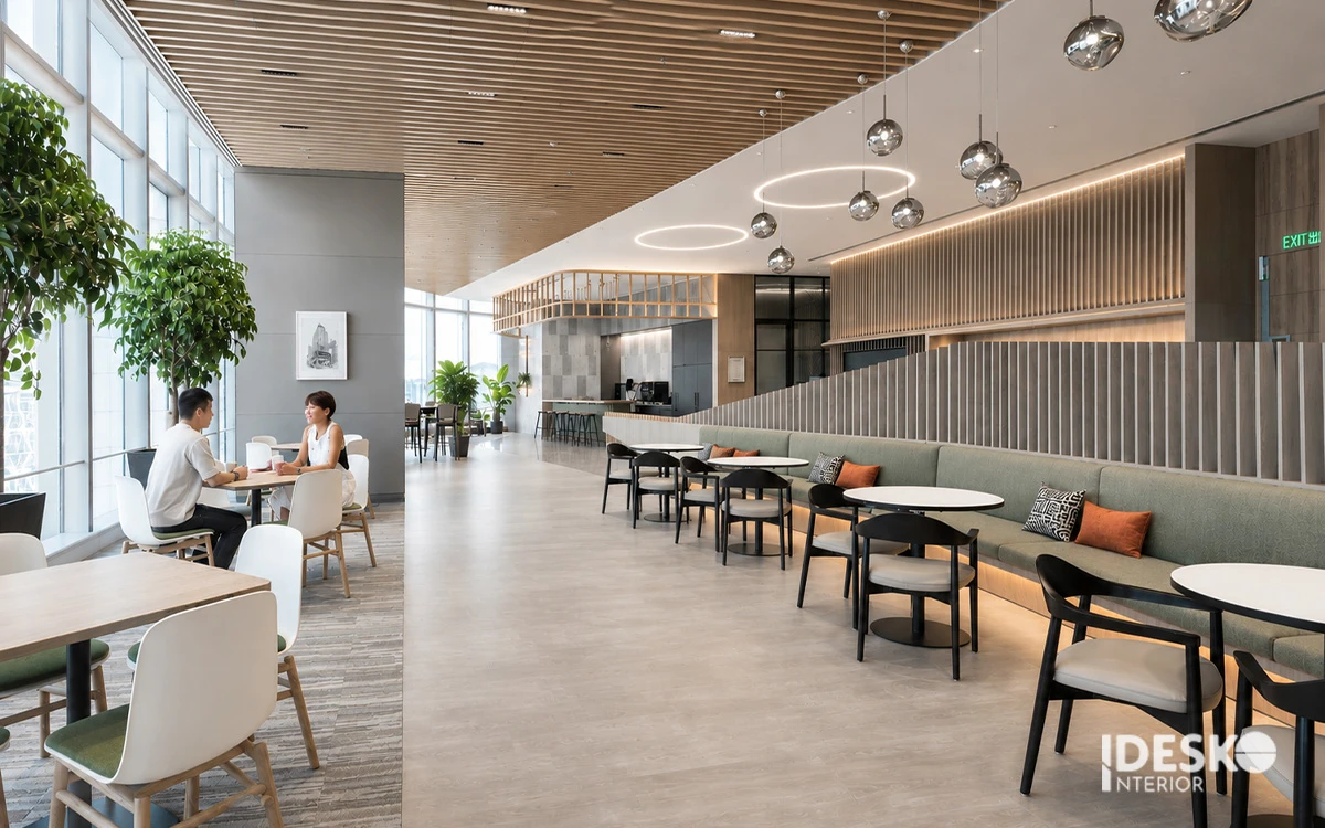 Khu pantry văn phòng hiện đại với thiết kế mở, nội thất tối giản và không gian thư giãn tiện nghi