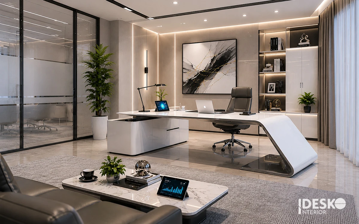 Phòng giám đốc cao cấp sử dụng vật liệu bóng sáng kết hợp hệ tủ trang trí tinh tế, thể hiện đẳng cấp trong nội thất văn phòng hiện đại