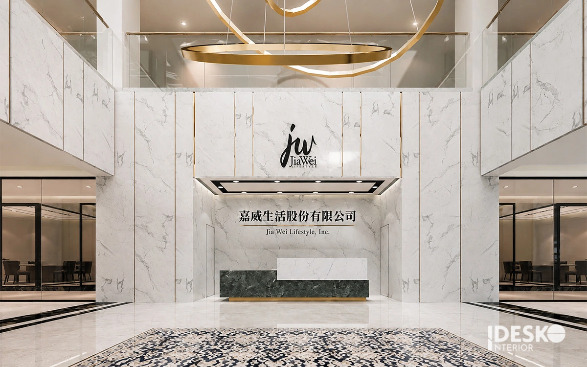Khu lễ tân nhà điều hành thể hiện hình ảnh chuyên nghiệp và nhận diện thương hiệu rõ ràng